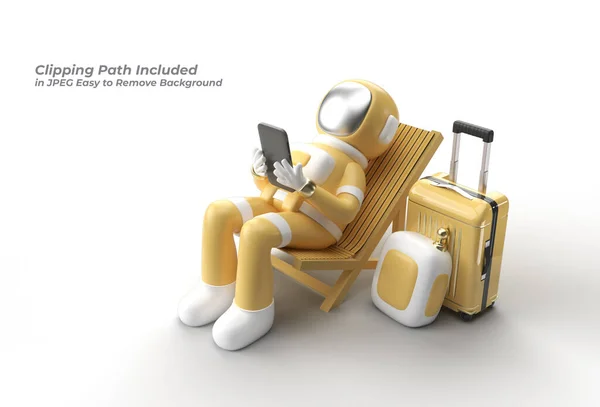 Astronaut Sitting Chair Using Phone Travel Suitcase Pen Tool Created — Stock Photo, Image