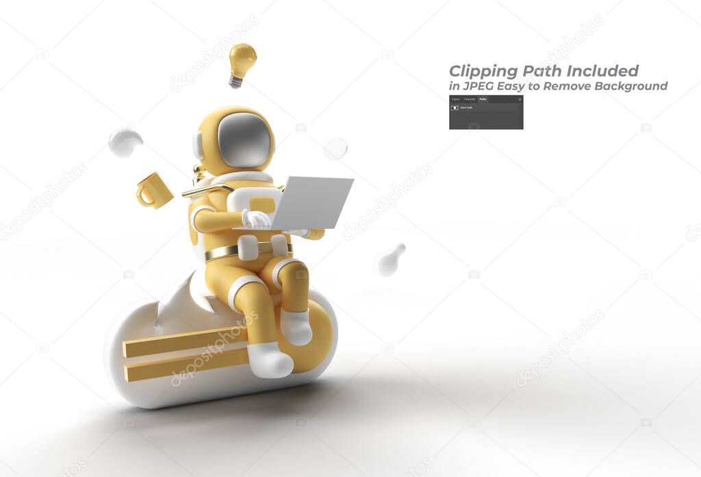 Astronaut Sitting on Sbar with working on laptop Pen Tool Created Clipping Path Included in JPEG Easy to Composite.