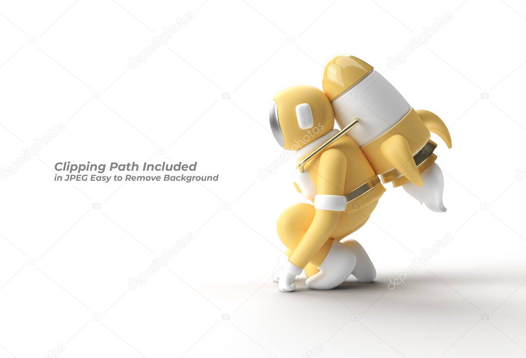 3d Render Spaceman Astronaut Flying with Rocket Pen Tool Created Clipping Path Included in JPEG Easy to Composite.