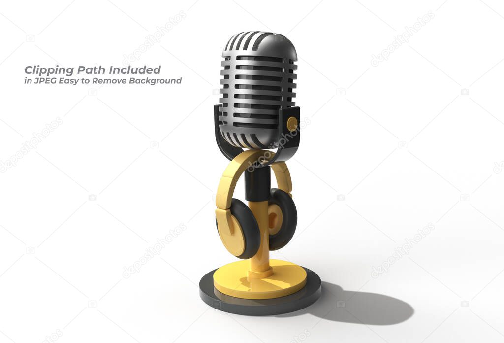 Retro microphone on short leg and stand with Headphone Pen Tool Created Clipping Path Included in JPEG Easy to Composite.
