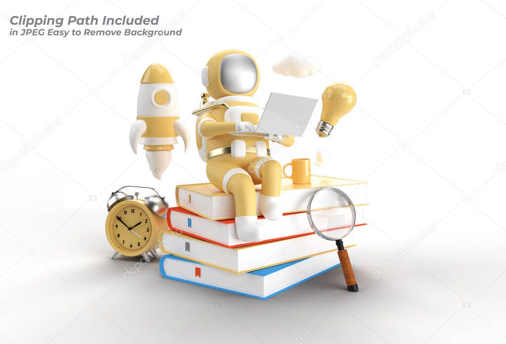 Astronaut Sitting on Stack of books with working on laptop Pen Tool Created Clipping Path Included in JPEG Easy to Composite.