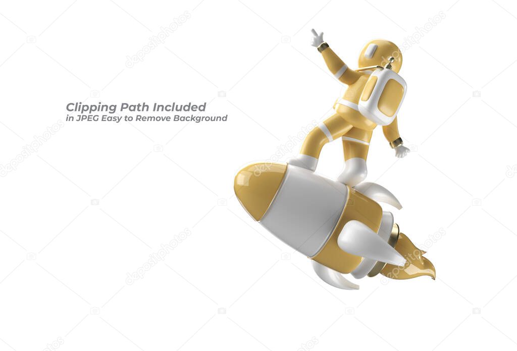 Astronaut Flying Rocket Pen Tool Created Clipping Path Included in JPEG Easy to Composite.