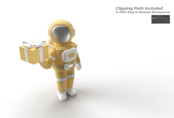 Astronaut Hand Holding Giftbox Pen Tool Created Clipping Path Included — Stock Photo, Image