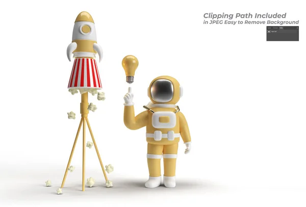 Astronaut Hand Zeigt Finger Idee Glühbirne Geste Mit Space Rocket — Stockfoto