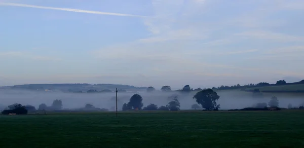 Утренний туман над сельскохозяйственными угодьями — стоковое фото