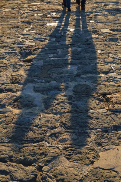 Shadows of people walking on the cooblestone pavement