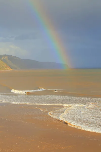 Arco Iris Sobre Mar Cerca Ciudad Sidmouth Devon Reino Unido — Foto de Stock