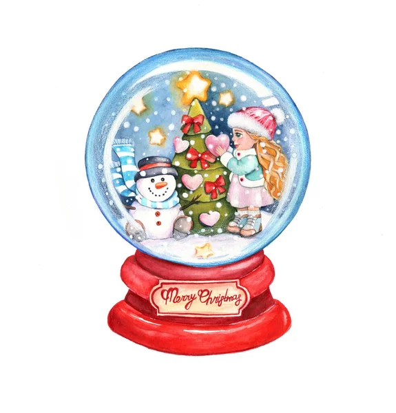 Snow Crystal Ball Christmas. Snowman and girl decorate the Christmas tree. — Stock Photo, Image