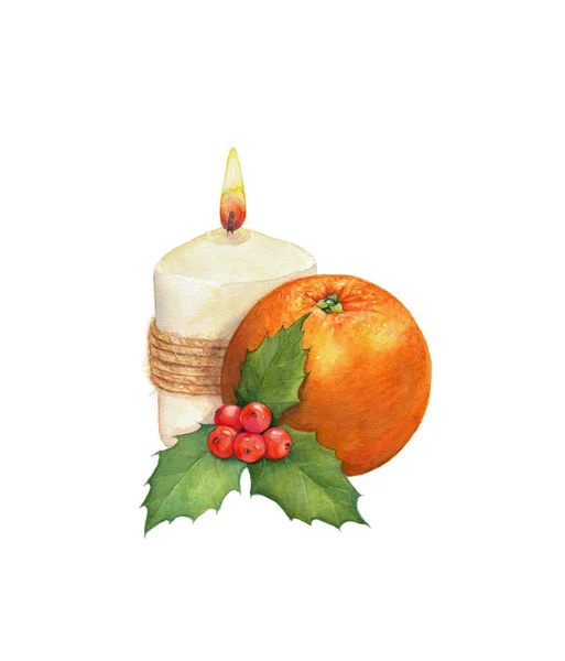 Composición navideña: vela, naranja y una ramita de muérdago. —  Fotos de Stock