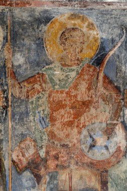 RAVANICA, SERBIA - 20 Ağustos: Sırp Ortodoks Hıristiyan Manastırı Ravanica 'da Kutsal Savaşçının Fresco tablosu, 20 Ağustos 2020' de Sırbistan 'ın Ravanica kentinde.