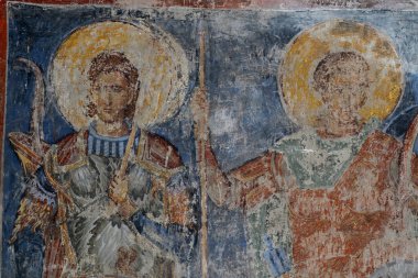 RAVANICA, SERBIA - 20 Ağustos: Sırp Ortodoks Hıristiyan Manastırı Ravanica 'daki Kutsal Savaşçıların Fresco tablosu, 20 Ağustos 2020' de Sırbistan 'ın Ravanica kentinde.