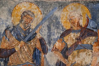 RAVANICA, SERBIA - 20 Ağustos: Sırp Ortodoks Hıristiyan Manastırı Ravanica 'daki Kutsal Savaşçıların Fresco tablosu, 20 Ağustos 2020' de Sırbistan 'ın Ravanica kentinde.