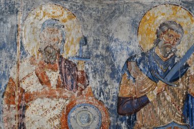 RAVANICA, SERBIA - 20 Ağustos: Sırp Ortodoks Hıristiyan Manastırı Ravanica 'daki Kutsal Savaşçıların Fresco tablosu, 20 Ağustos 2020' de Sırbistan 'ın Ravanica kentinde.