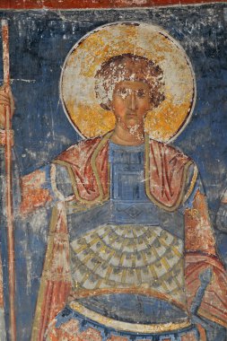 RAVANICA, SERBIA - 20 Ağustos: Sırp Ortodoks Hıristiyan Manastırı Ravanica 'da Kutsal Savaşçının Fresco tablosu, 20 Ağustos 2020' de Sırbistan 'ın Ravanica kentinde.