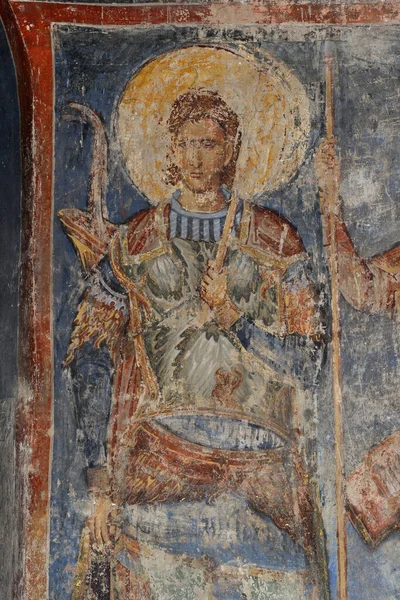 RAVANICA, SERBIA - 20 Ağustos: Sırp Ortodoks Hıristiyan Manastırı Ravanica 'da Kutsal Savaşçının Fresco tablosu, 20 Ağustos 2020' de Sırbistan 'ın Ravanica kentinde.