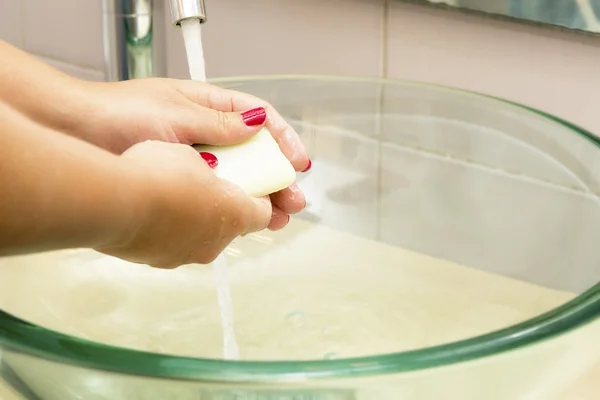 Hands washing with soap under running water — Stock Photo, Image