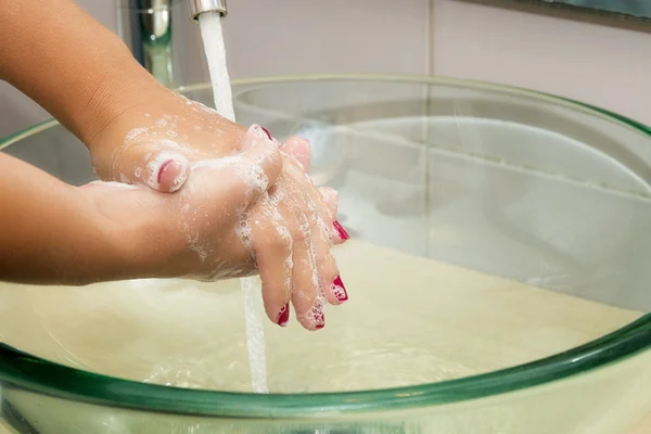 Hands washing with soap under running water — Stock Photo, Image