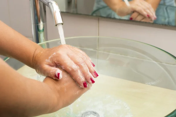 Hands washing with soap under running water — Stock Photo, Image