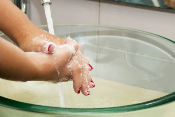 Hands washing with soap under running water — Stock Photo, Image