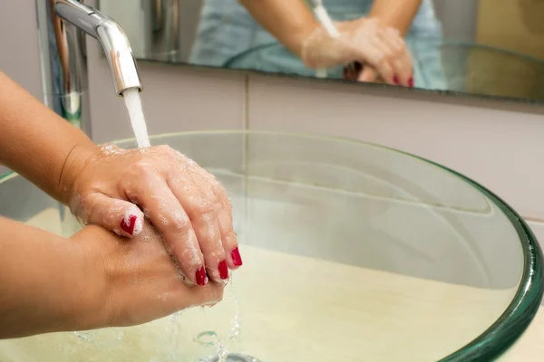 Hands washing with soap under running water — Stock Photo, Image