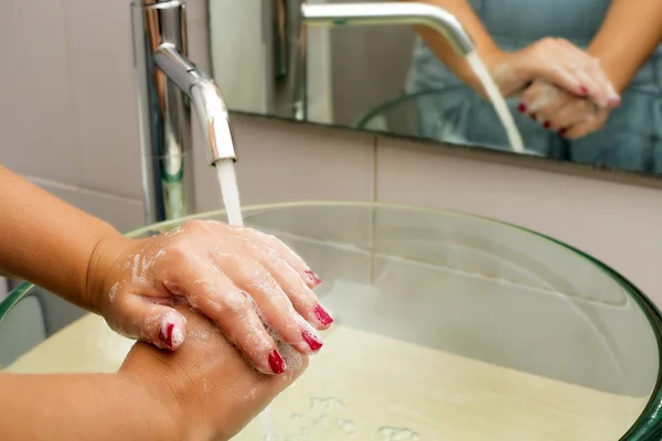 Hands washing with soap under running water — Stock Photo, Image