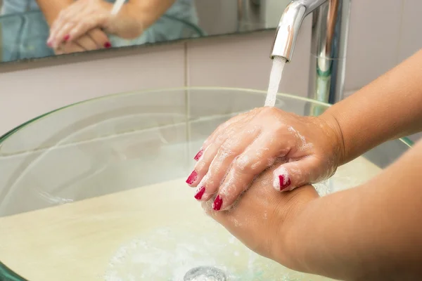 Hands washing with soap under running water — Stock Photo, Image