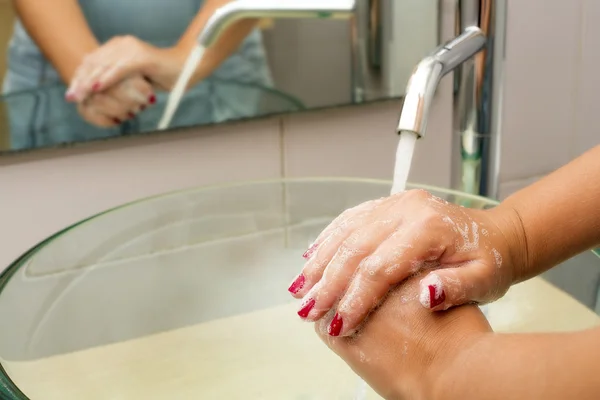 Hands washing with soap under running water — Stock Photo, Image