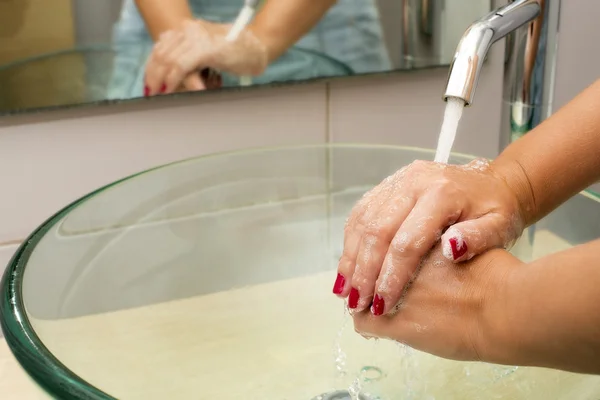 Hands washing with soap under running water — Stock Photo, Image