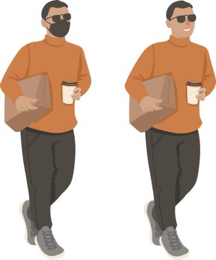 Genç şık bir adam yürüyor, elinde kahve fincanı var, maske takıyor, vektör çizimi yapıyor, beyaz üzerine izole edilmiş.