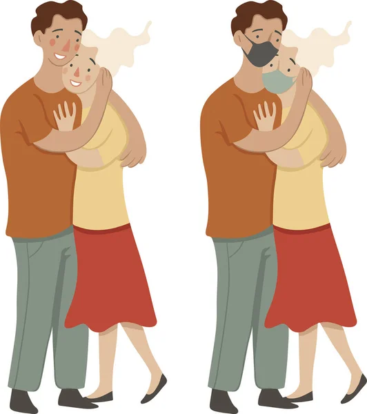 Young Stylish Couple Man Woman Giving Hug Wearing Mask Vector — Stock Vector