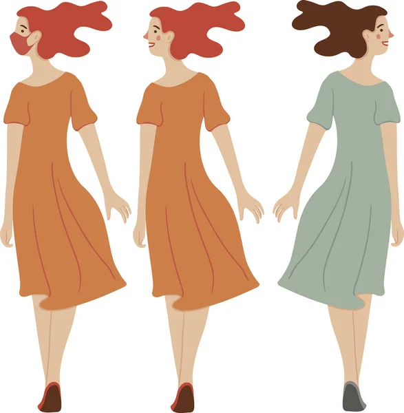 Mujer Joven Elegante Caminando Usando Máscara Ilustración Vectorial Aislado Blanco — Archivo Imágenes Vectoriales