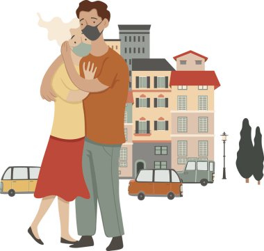 Young stylish couple, man and woman giving a hug on the street, wearing mask, vector illustration, isolated on white