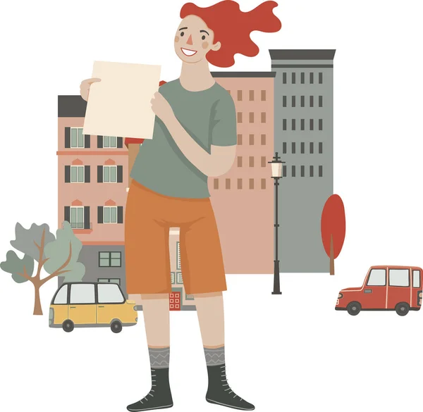 Young Stylish Girl Holding Sheet Paper Staying Street Vector Illustration — 스톡 벡터