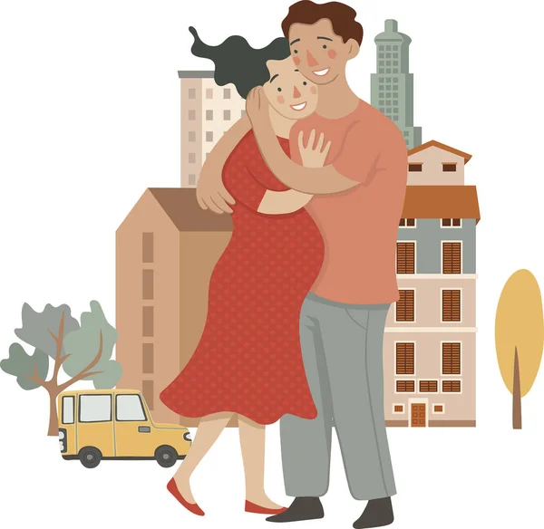 Young Stylish Couple Man Pregnant Woman Giving Hug Street Vector — Vettoriale Stock
