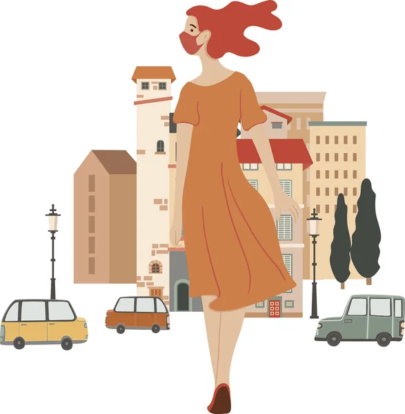 Young Stylish Woman Walking Street Wearing Mask Vector Illustration Isolated — ストックベクタ