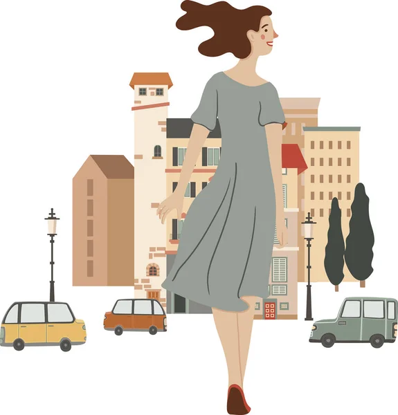 Young Stylish Woman Walking Street Vector Illustration Isolated White — Stockvector