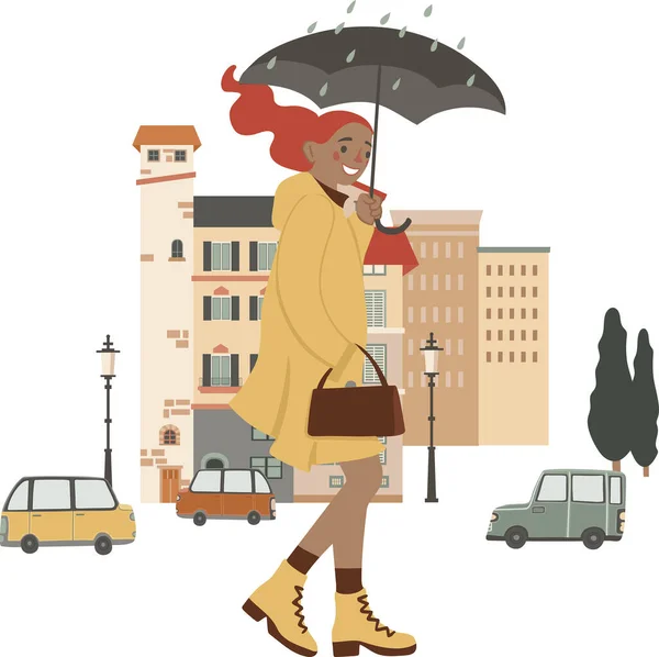 Young Stylish Girl Walking Street Raining Day Holding Umbrella Wearing — Stock Vector