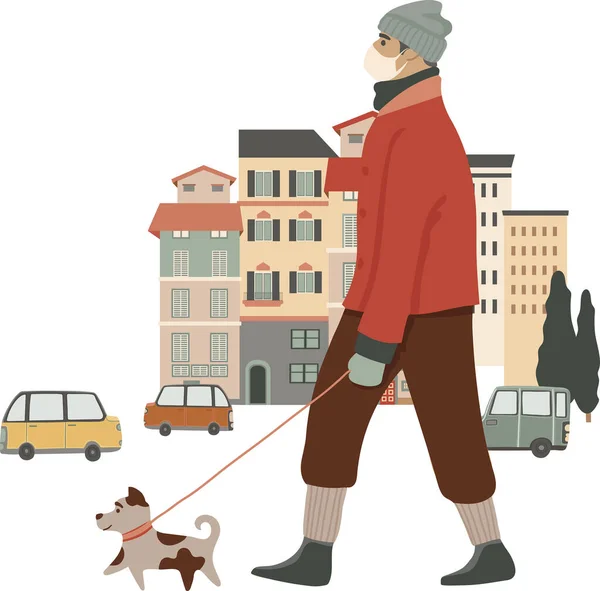 Stylish Man Walking Street His Dog Wearing Mask Vector Illustration — Stok Vektör