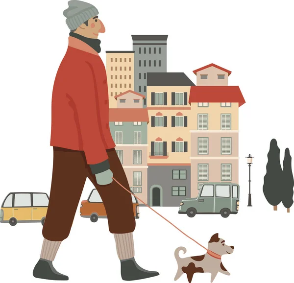 Stylish Man Walking Street His Dog Wearing Mask Vector Illustration — Archivo Imágenes Vectoriales