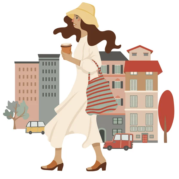 Young Stylish Woman Walking Street Holding Cup Drinking Coffee Vector — Stock Vector
