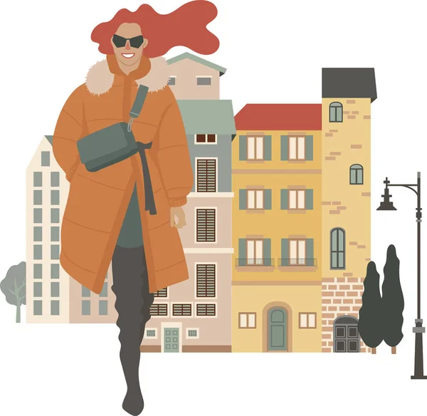 Mujer Joven Elegante Caminando Por Calle Ilustración Vectorial Aislado Blanco — Vector de stock