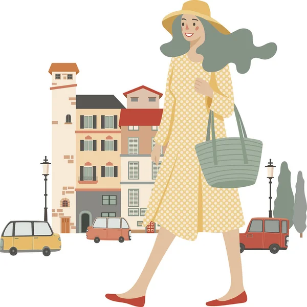 Mujer Joven Elegante Caminando Por Calle Ilustración Vectorial Aislado Blanco — Vector de stock