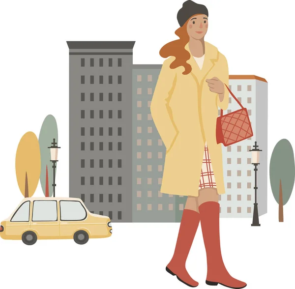 Mujer Joven Elegante Caminando Por Calle Ilustración Vectorial Aislado Blanco — Vector de stock