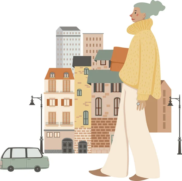 Mujer Joven Elegante Caminando Por Calle Ilustración Vectorial Aislado Blanco — Vector de stock