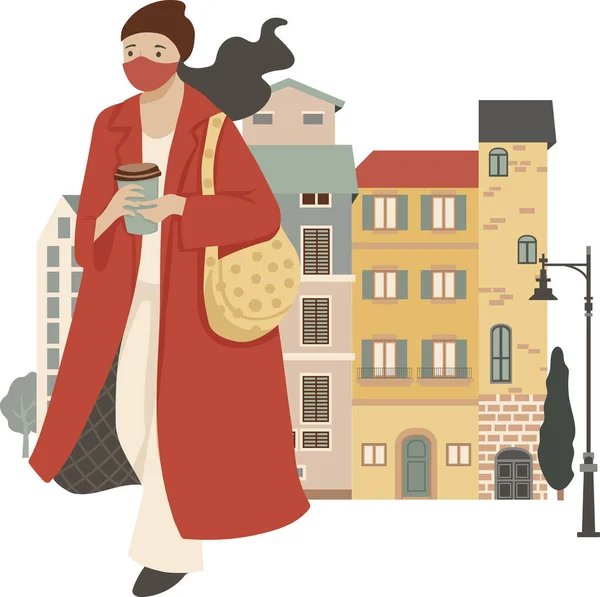 Mujer Joven Elegante Caminando Por Calle Usando Máscara Taza Celebración — Vector de stock