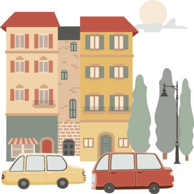  Klasik şehir caddesinin vektör çizimi, beyaz üzerine izole edilmiş binalar.