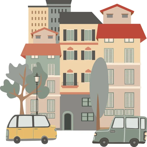 Ilustración Vectorial Calle Ciudad Estilo Clásico Conjunto Edificios Aislado Blanco — Vector de stock