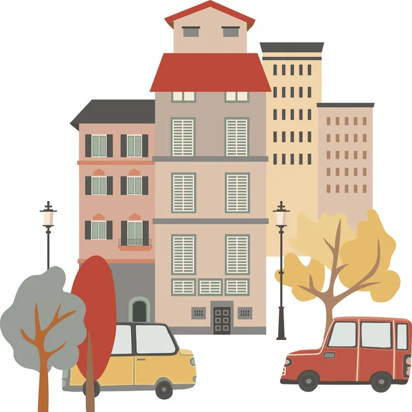 Ilustración Vectorial Calle Ciudad Estilo Clásico Conjunto Edificios Aislado Blanco — Vector de stock