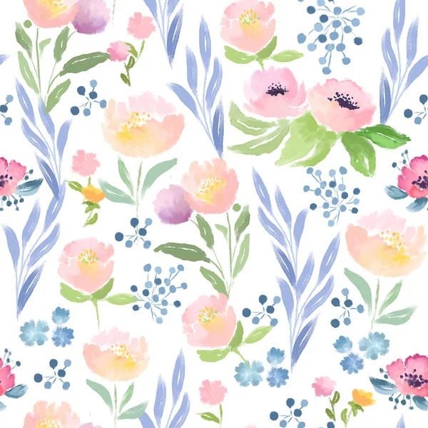 Watercolor Hand Painted Wild Flowers Seamless Pattern Res Raster Illustration — Stock Photo, Image