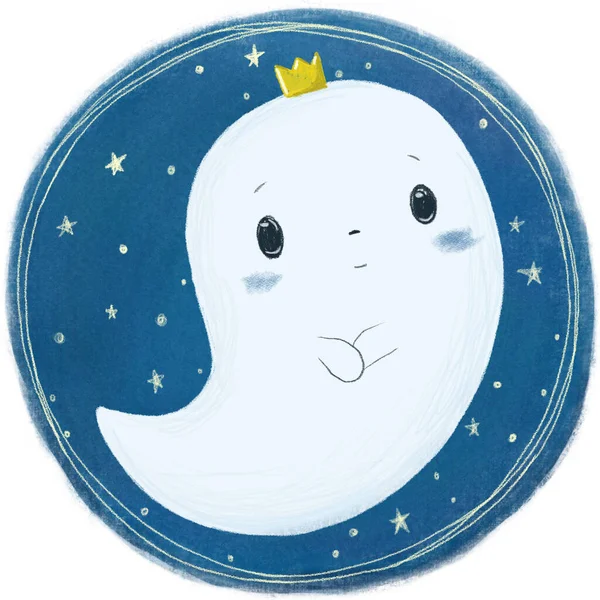 Raster Illustration Cute Baby Ghost Crown Background Stars Raster Illustration — Stock Photo, Image